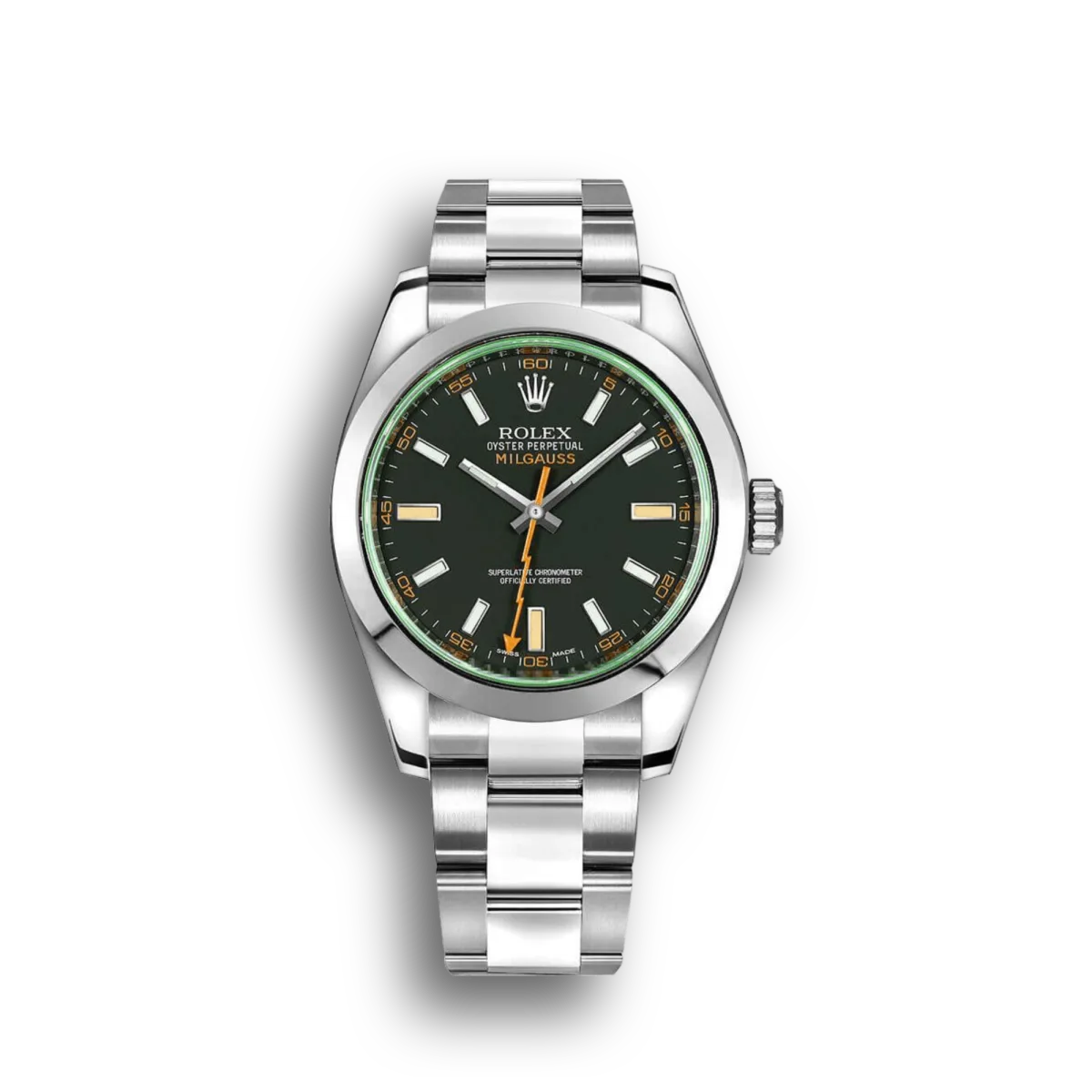 Swiss Milgauss Black Dial Orange Markings Stainless Steel Case And Bracelet