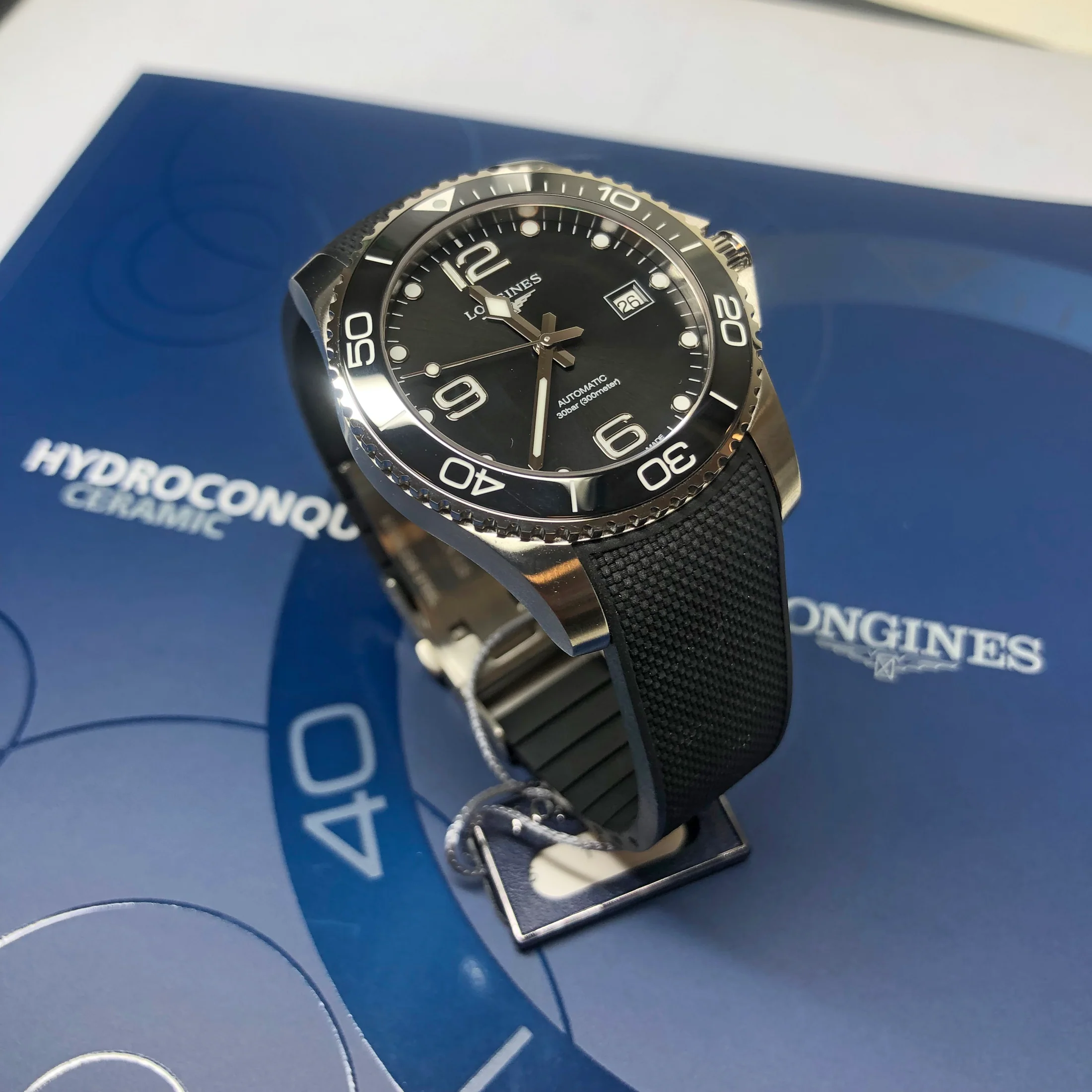 Hydroconquest 41MM Automatic Ceramic Bezel Black Steel Rubber Watch L37814569