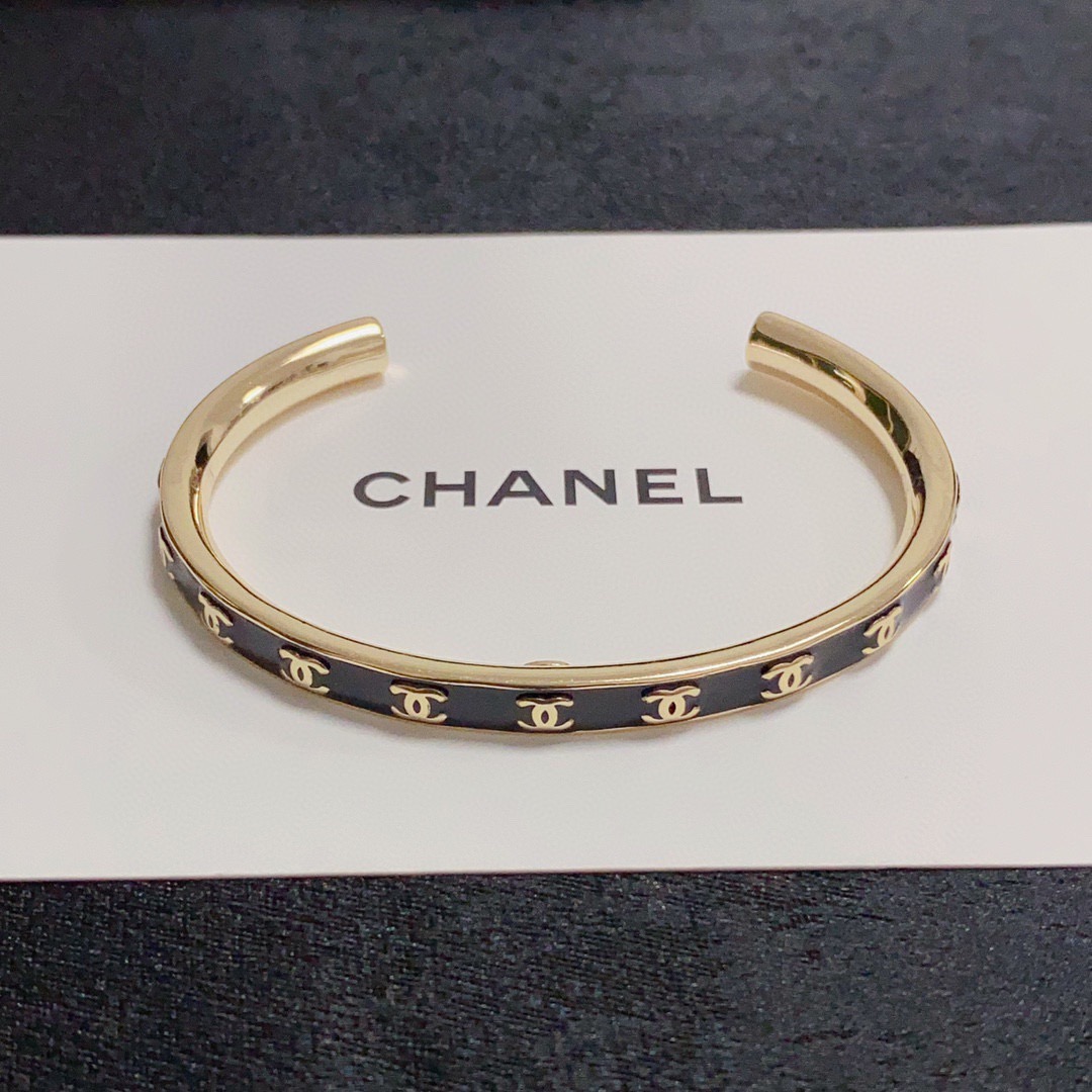 Chanel Gold & Black Enamel Coco Mark Open Bangle