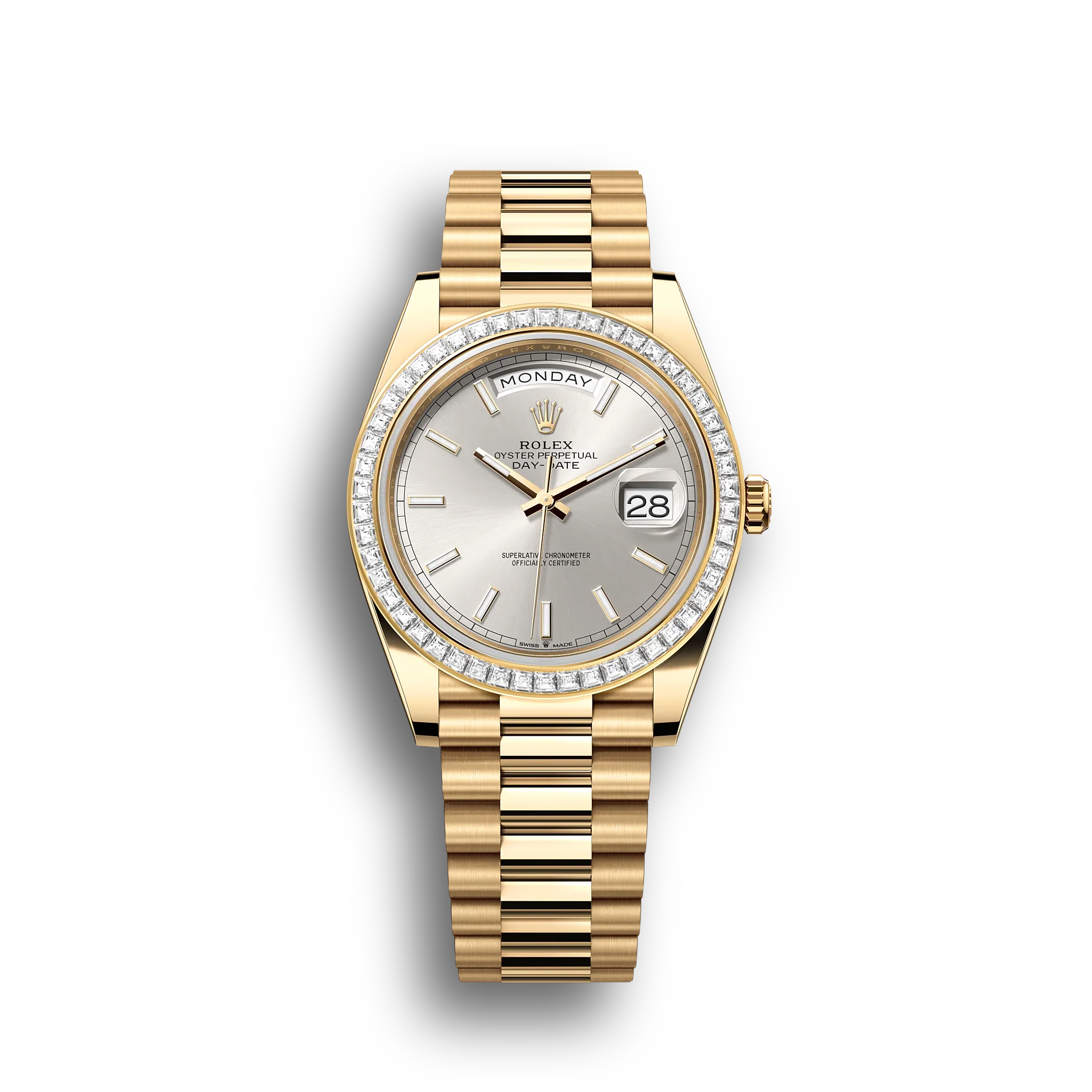 Day-Date: Yellow gold, silver dial, Diamond-set bezel, President bracelet, m228398tbr-0040