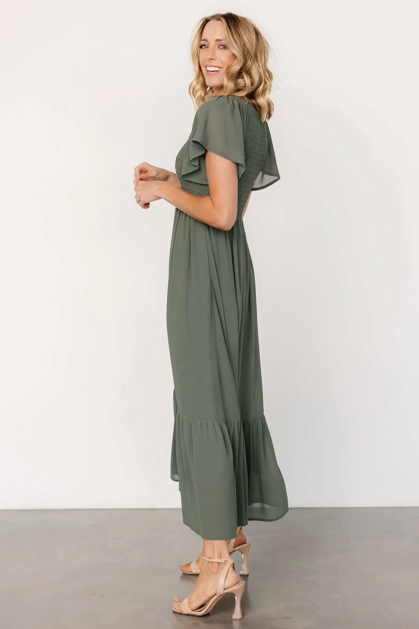 Monica Smocked Dress | Dark Sage