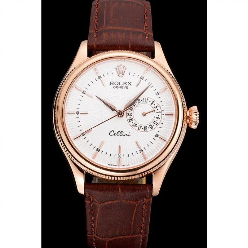 Cellini White Rose Dial Gold Case Brown Leather Bracelet 622725