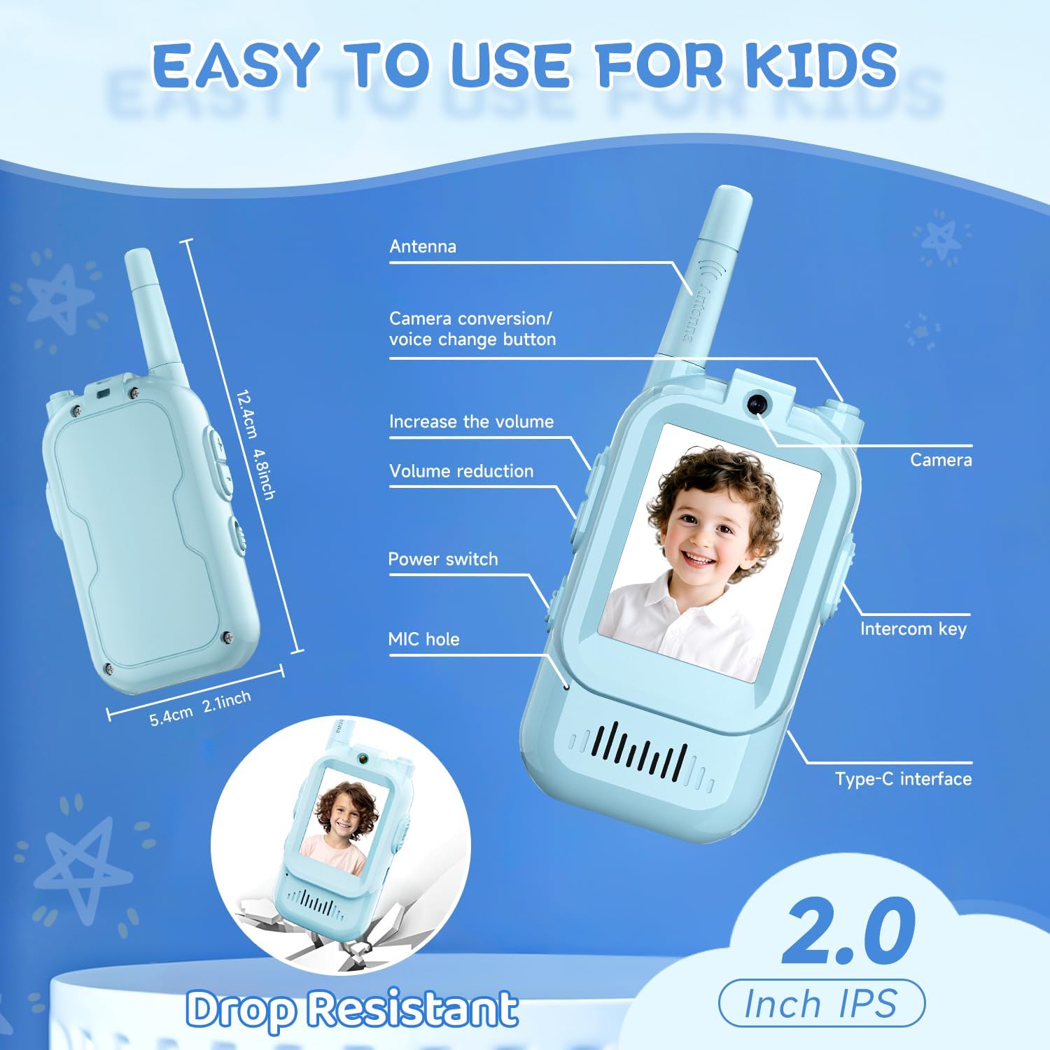 Children's Video Walkie-Talkies, 2-Pack Rechargeable Handheld Video Walkie-Talkies