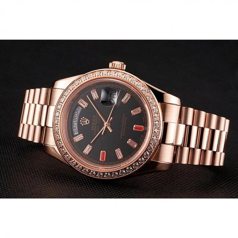 Swiss Day-Date Diamonds And Rubies Black Dial Rose Gold Bracelet 1454102