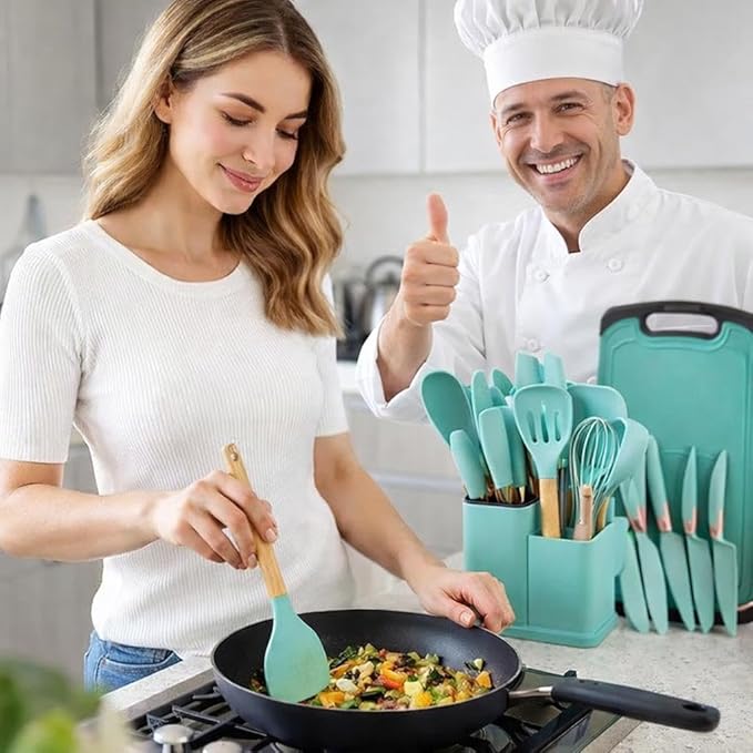 19-Piece Silicone Kitchen Utensil Set with Wooden Handles, Includes Cutting Board and Storage Rack, Cooking Utensils with Storage Rack