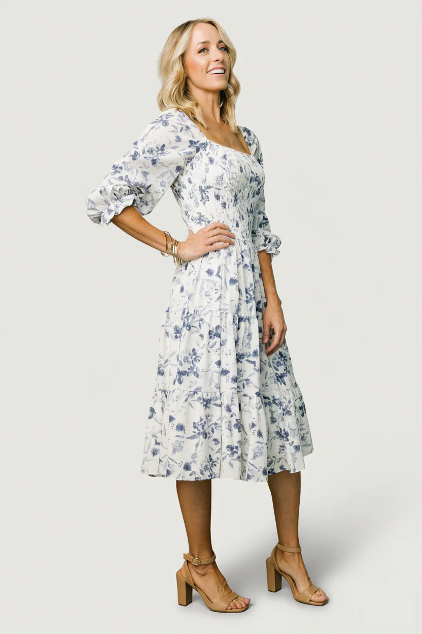 Marta Smocked Midi Dress | White + Blue