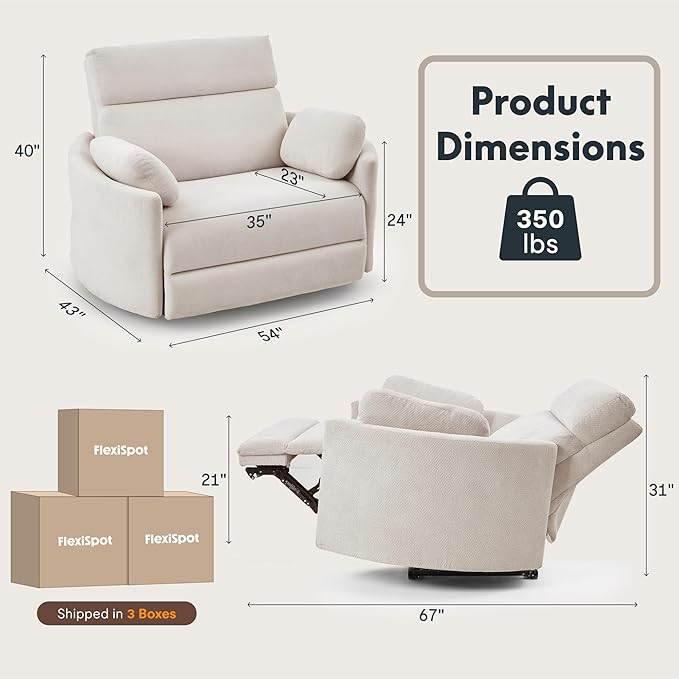 Extra-large 54-inch electric recliner with USB and Type-C ports, perfect for the living room or bedroom