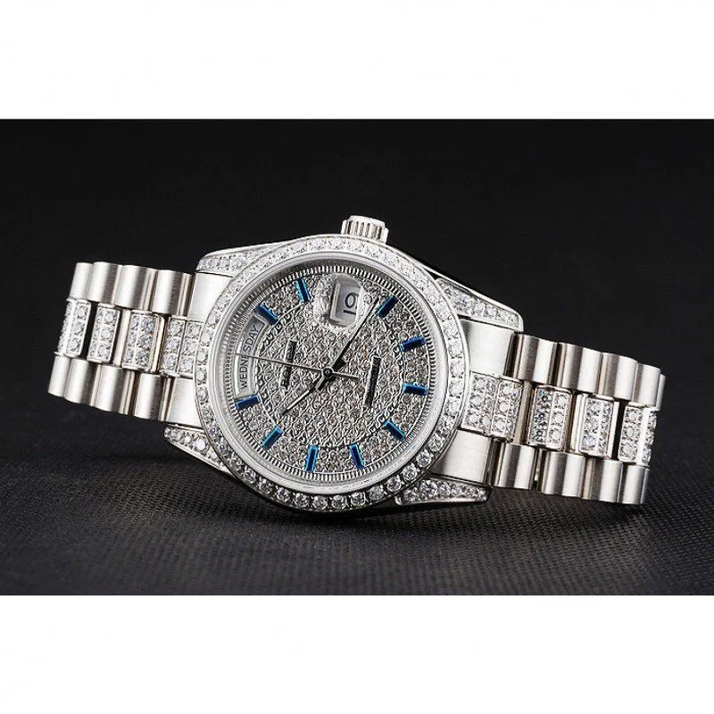 Swiss Day-Date Diamond Pave Dial And Bezel And Stainless Steel Bracelet