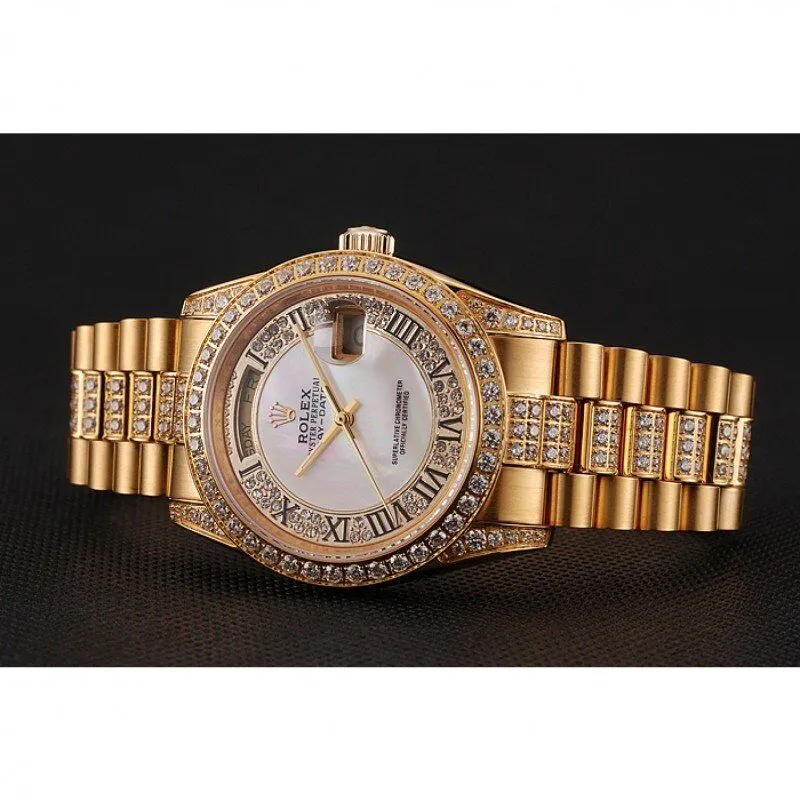 Swiss Day-Date Diamond Pave White Dial Gold Diamond Bracelet 1453958