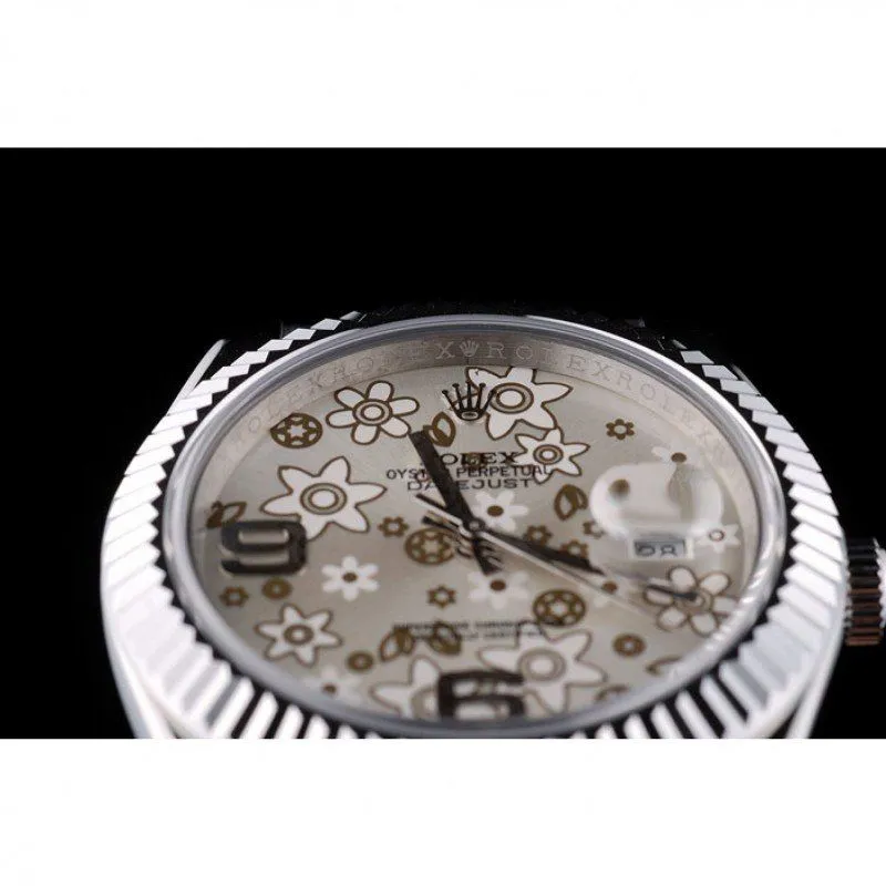 Swiss DateJust Stainless Steel Ribbed Bezel Flower Silver Dial 42001