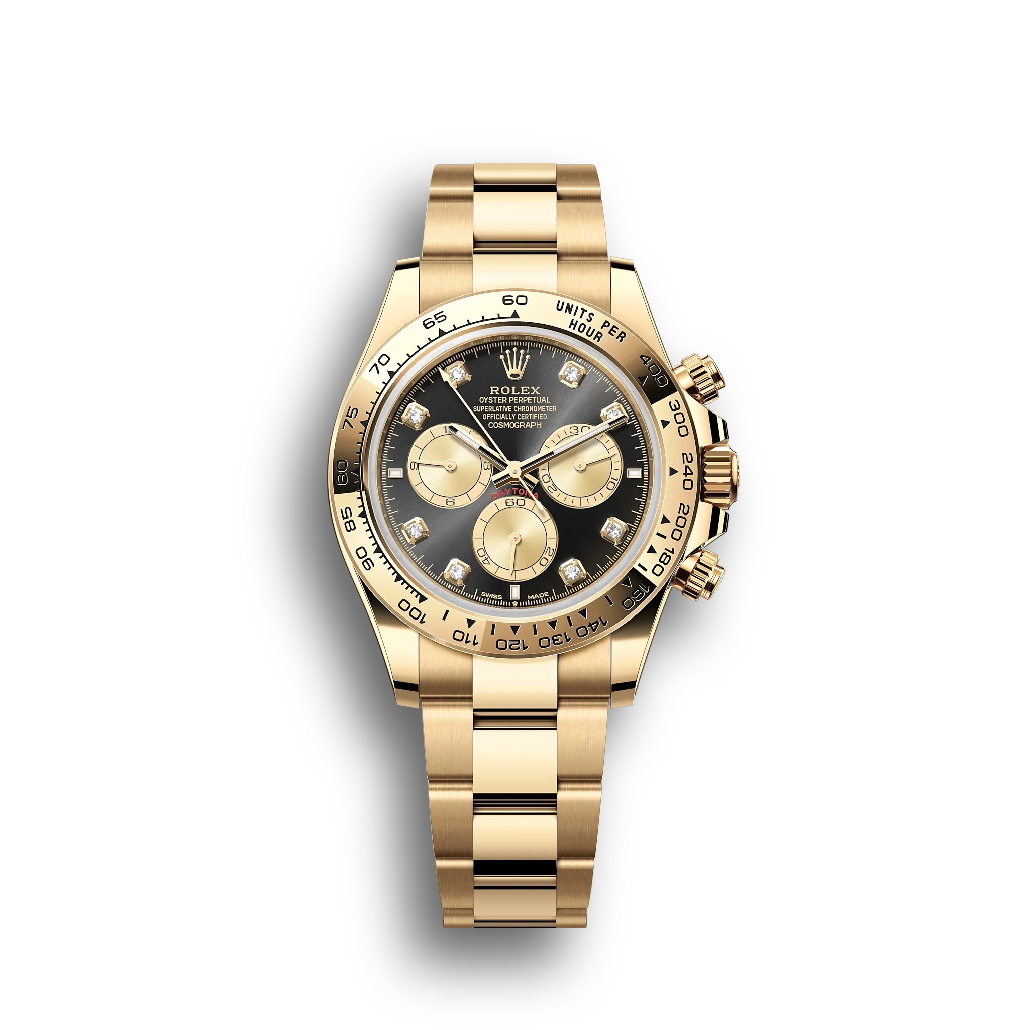 Daytona Cosmograph: Oyster, Yellow gold, bright black and golden, diamond-set dial, Oyster bracelet, m126508-0003