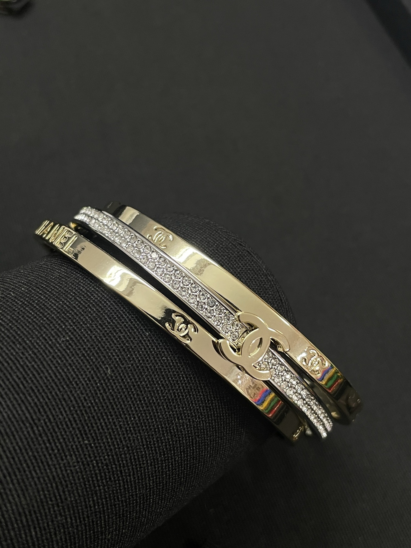 Chanel Trio Crystal and Logo Hinged Bangle