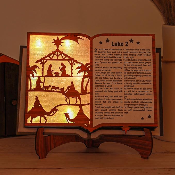 Lighted Wooden Christmas Scene Bookcase Display Stand and Cross Display Stand