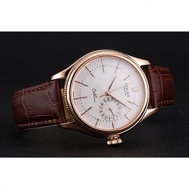 Cellini White Rose Dial Gold Case Brown Leather Bracelet 622725