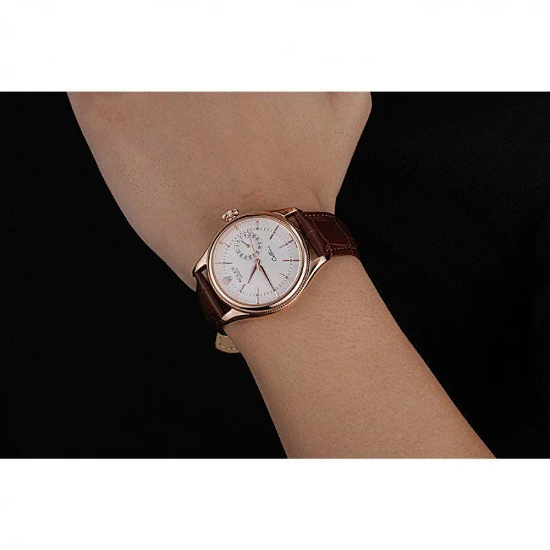 Cellini White Rose Dial Gold Case Brown Leather Bracelet 622725
