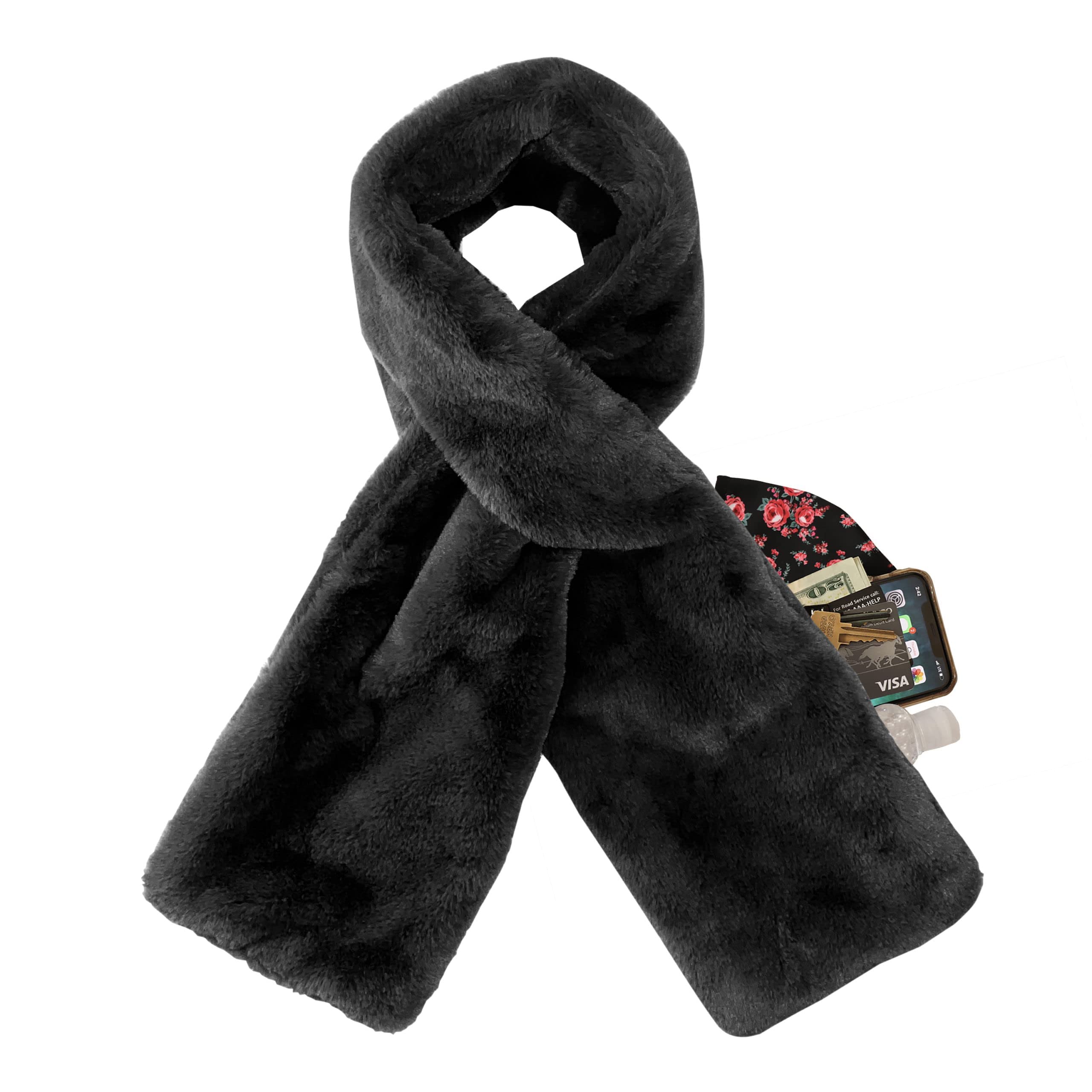 Women's Faux Fur Scarf with Hidden Zipper Pocket for Phone, Cards & Essentials