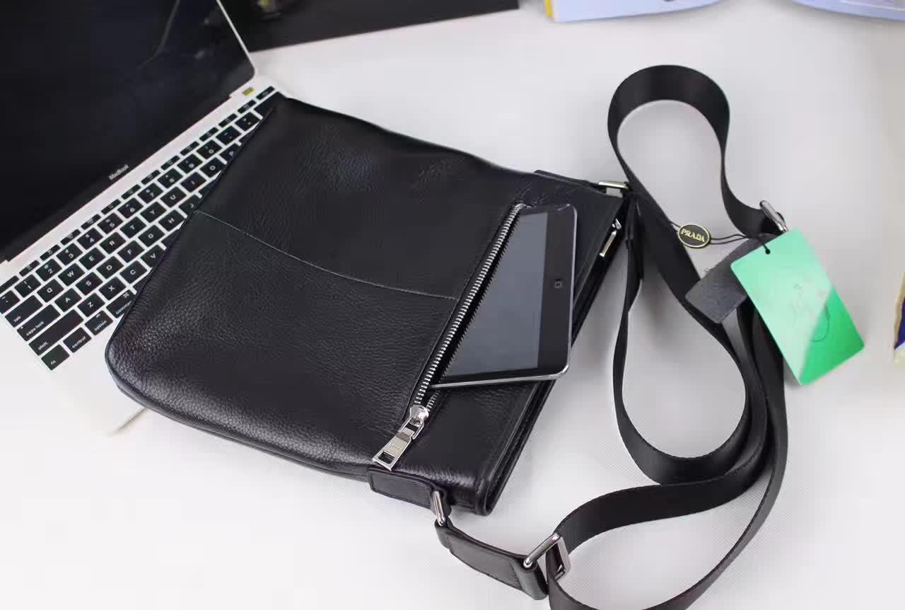 Prada 0242-3B Leather Men Messenger Bag Black
