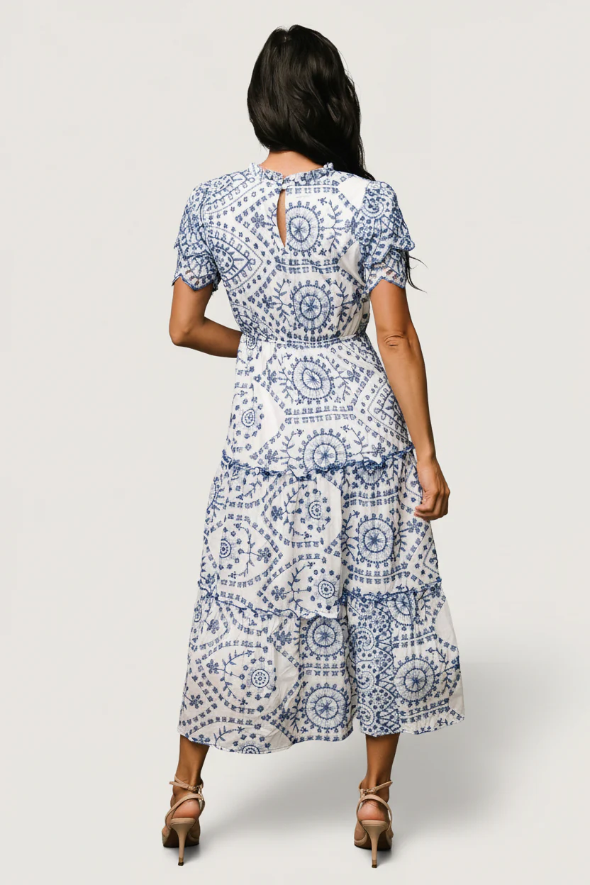 Mirabel Eyelet Midi Dress | White + Blue