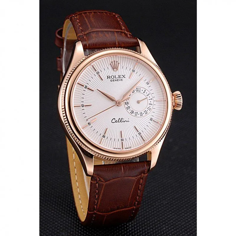 Cellini White Rose Dial Gold Case Brown Leather Bracelet 622725