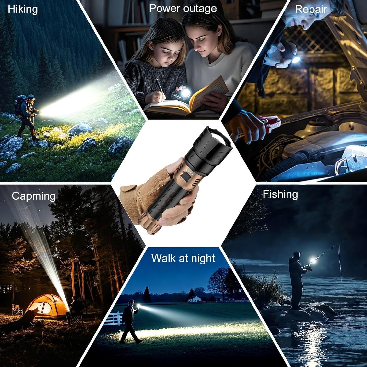 2000-lumen LED flashlight, zoomable, four modes, durable and waterproof.