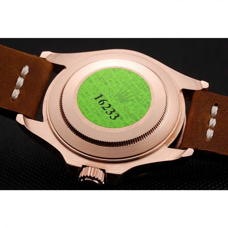 Yacht-Master Black Dial Rose Gold Case Brown Leather Bracelet 1453861