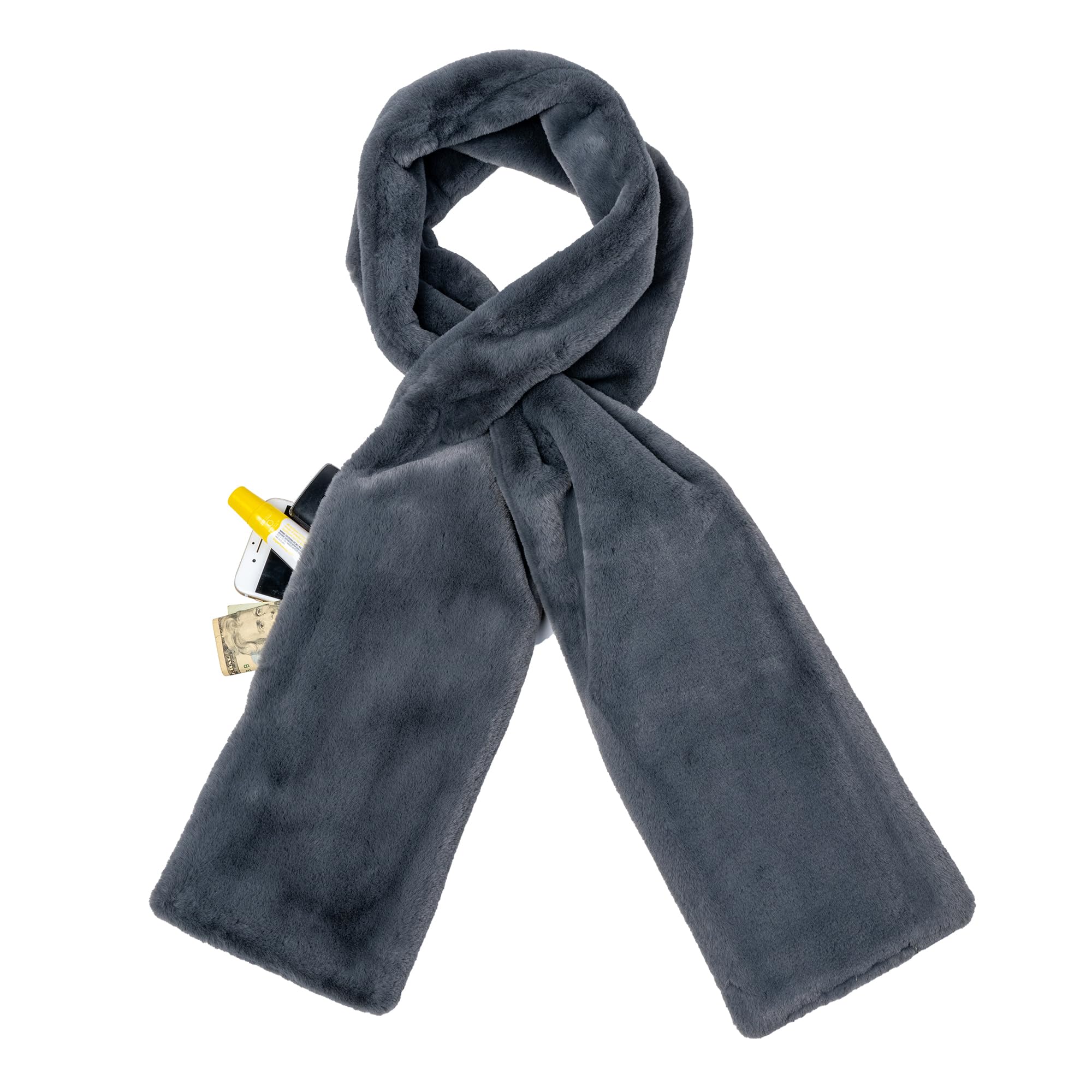 Women's Faux Fur Scarf with Hidden Zipper Pocket for Phone, Cards & Essentials