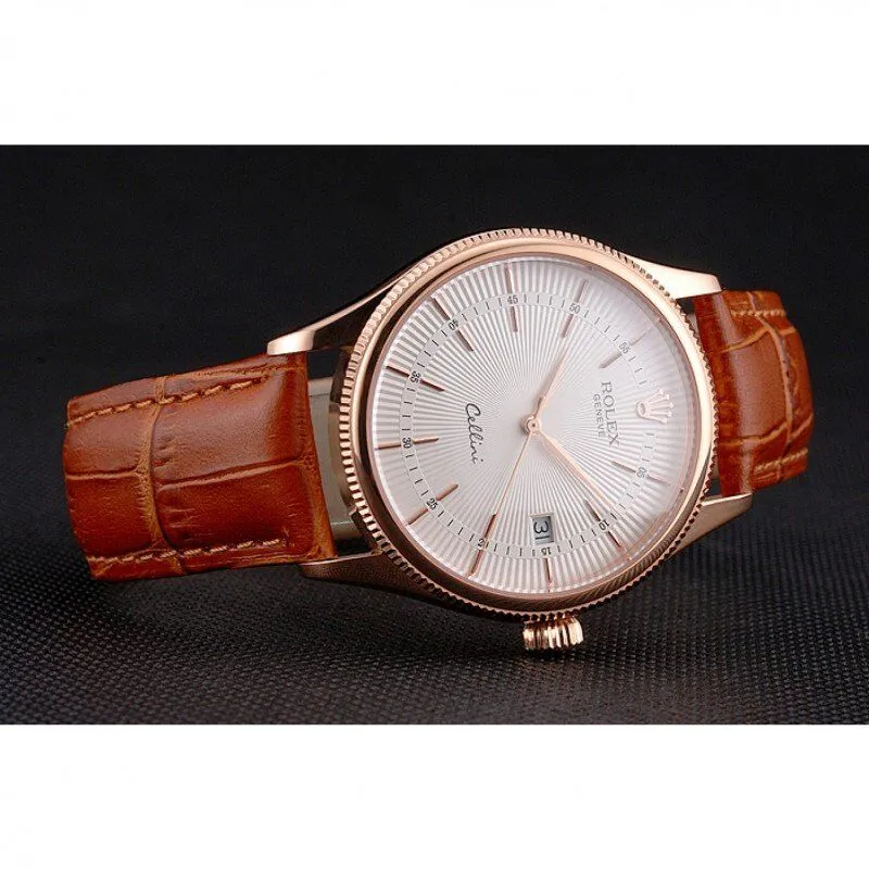 Swiss Cellini Date White Dial Rose Gold Case Brown Leather Strap