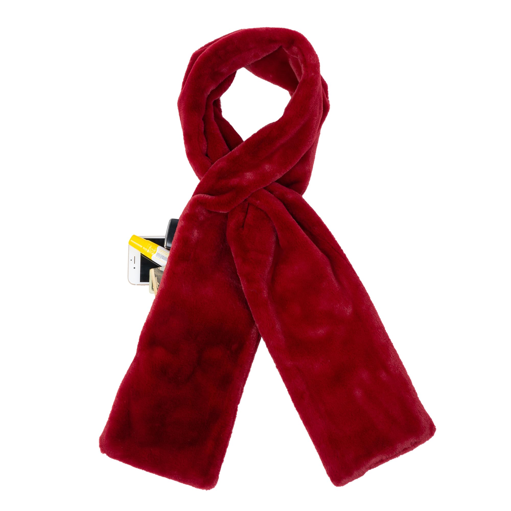Women's Faux Fur Scarf with Hidden Zipper Pocket for Phone, Cards & Essentials