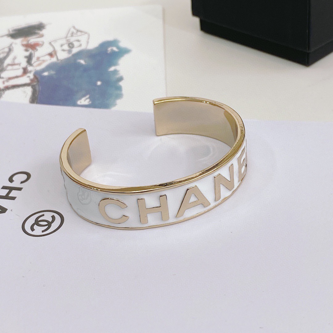 Chanel Gold-Tone White Enamel Block Letter Bangle