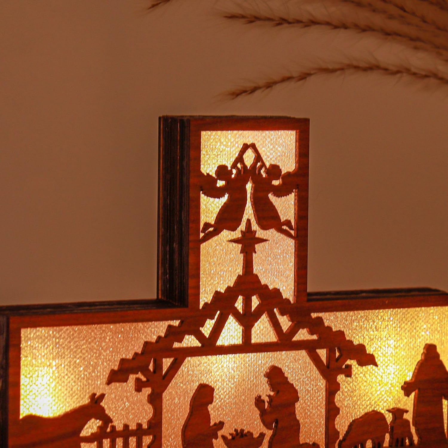 Lighted Wooden Christmas Scene Bookcase Display Stand and Cross Display Stand
