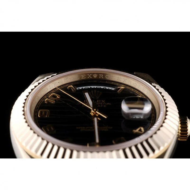Swiss Day-Date Gold Stainless Steel Ribbed Bezel Black Dial 41998