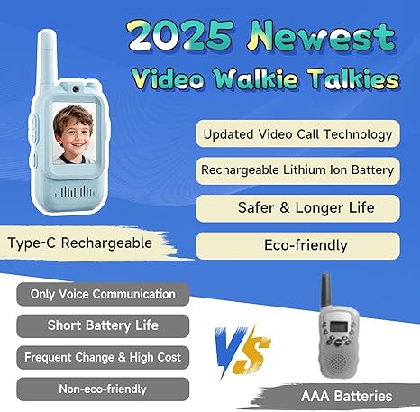 Children's Video Walkie-Talkies, 2-Pack Rechargeable Handheld Video Walkie-Talkies