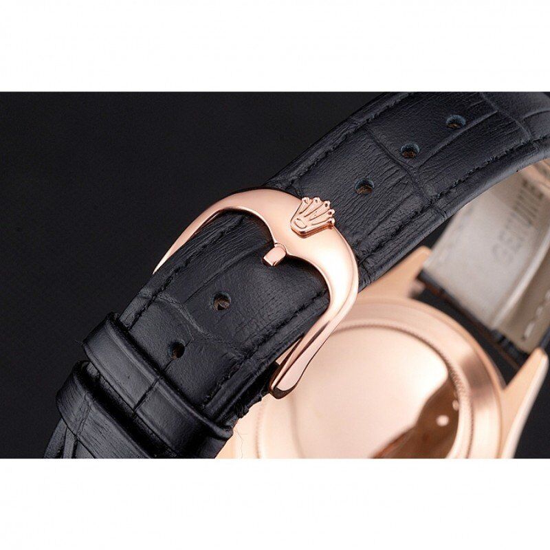 Swiss Cellini Date Black Dial Rose Gold Markings Rose Gold Case Black Leather Strap