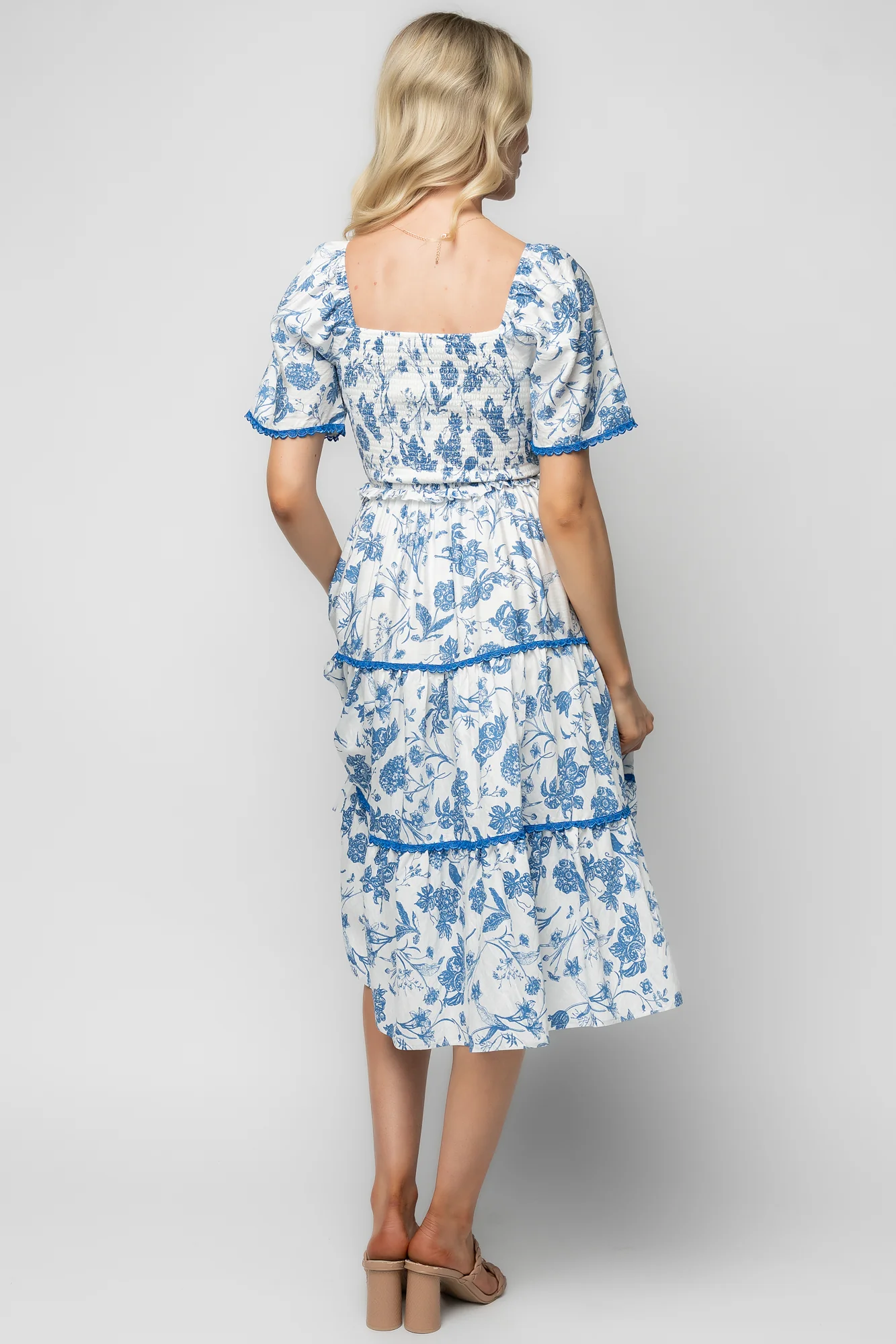 Freya Tiered Midi Dress | White + Blue