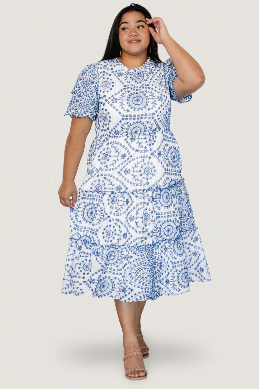 Mirabel Eyelet Midi Dress | White + Blue