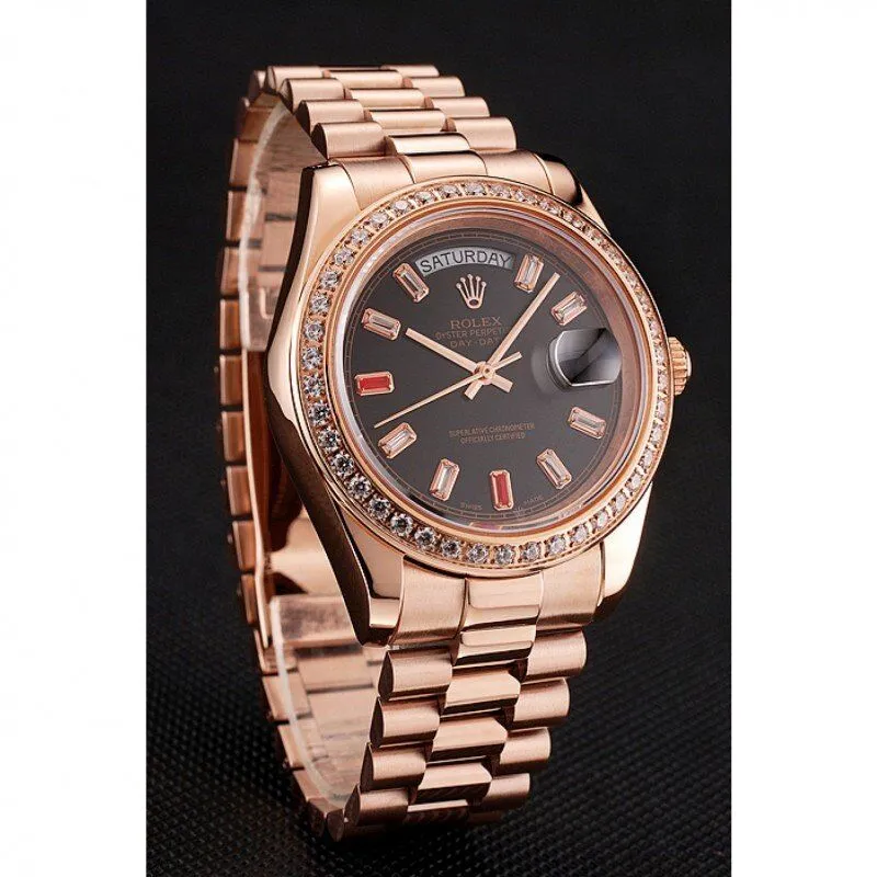 Swiss Day-Date Diamonds And Rubies Black Dial Rose Gold Bracelet 1454102