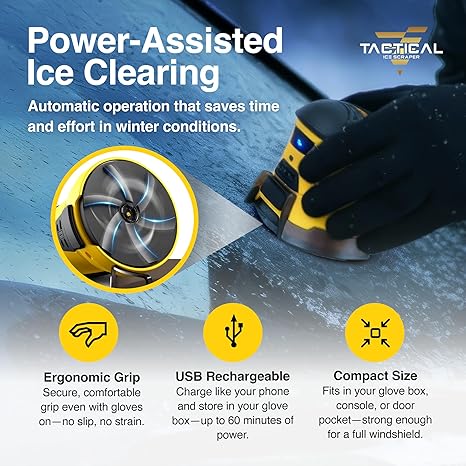 Tactical Electric De-Icer and Ice Scraper Features an electric rotating disc Rechargeable wireless design Scratch-free
