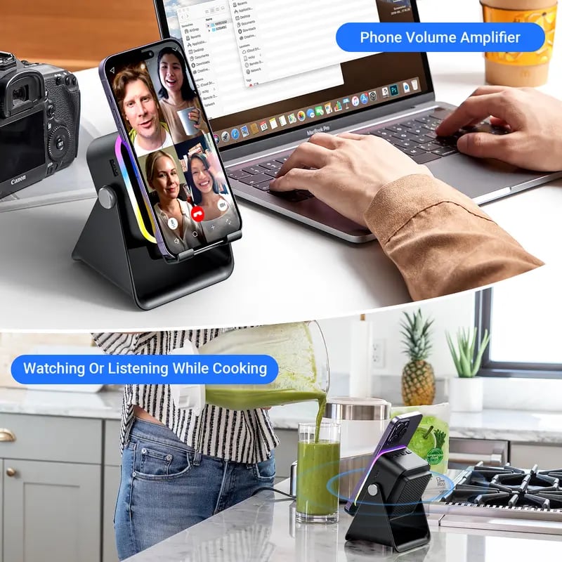 Wireless Induction Audio Speaker Stand, 5-in-1 Phone Stand, 1500mAh Rechargeable Emergency Power , 360° Adjustable Phone