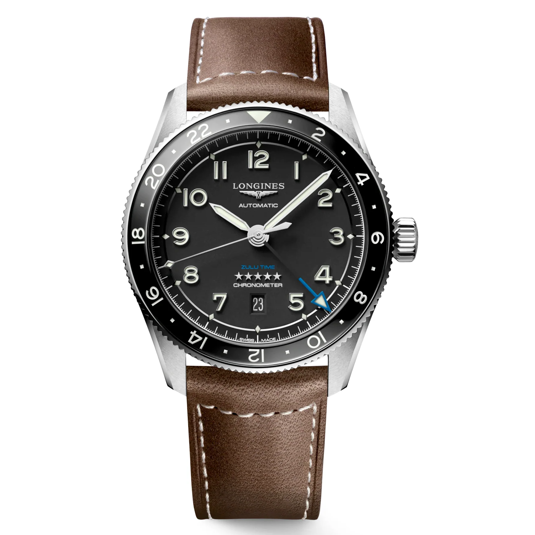 Spirit 42MM Zulu Time GMT Black Leather Steel Watch L38124532