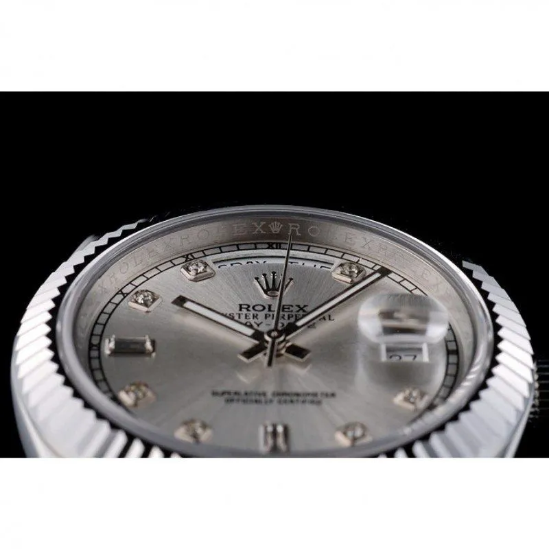 Swiss DayDate Stainless Steel Ribbed Bezel Silver Dial 41995