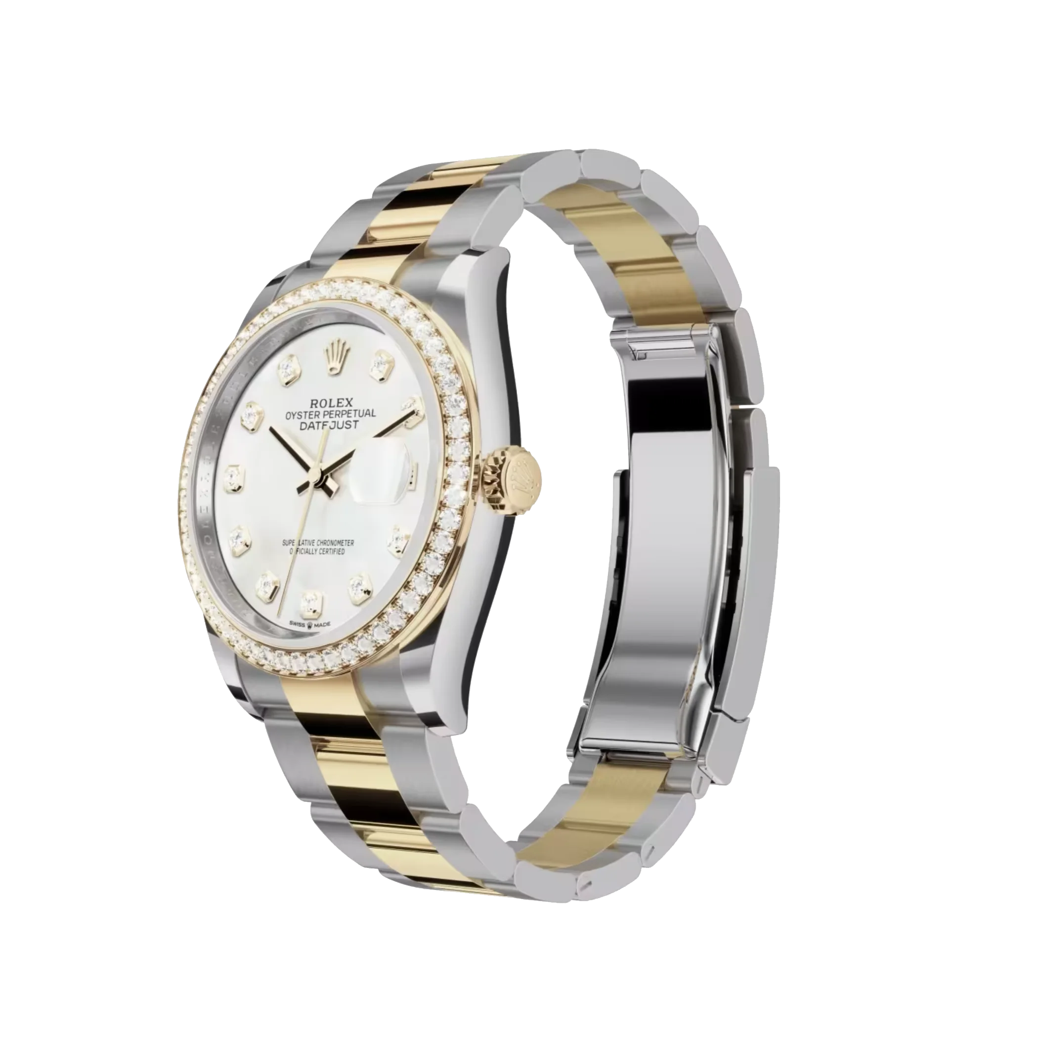 Datejust: Oystersteel and yellow gold, white mother-of-pearl, diamond-set dial, Oyster bracelet, m126283rbr-0010