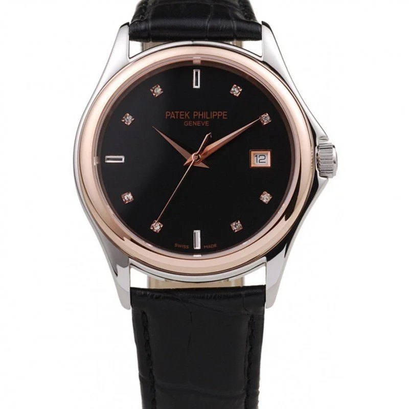 Geneve Calatrava Crystal Studded Dial Black 38 mm, Stainless Steel