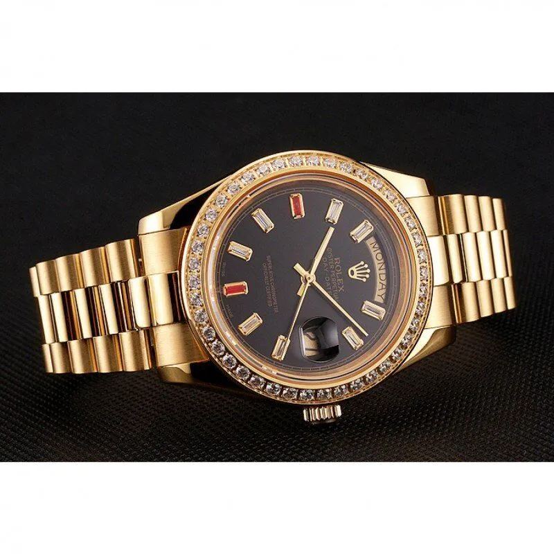 Swiss Day-Date Diamonds And Rubies Black Dial Yellow Gold Bracelet 1454101