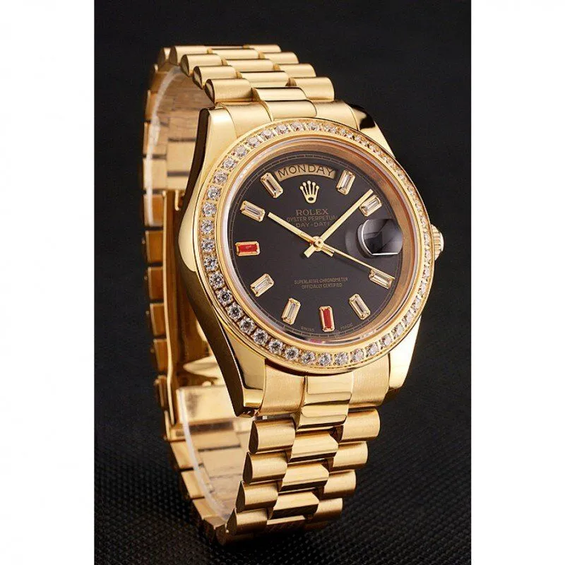 Swiss Day-Date Diamonds And Rubies Black Dial Yellow Gold Bracelet 1454101