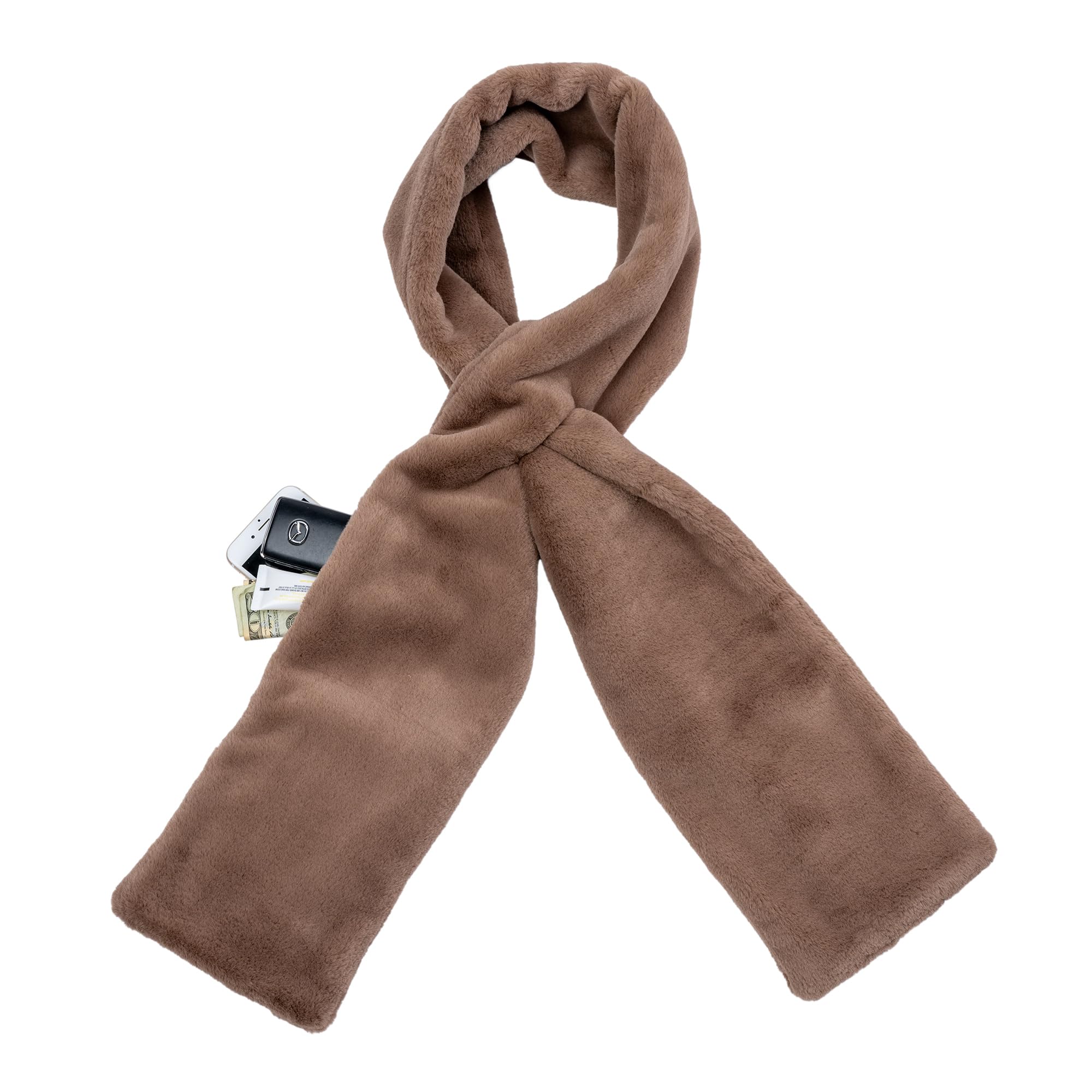 Women's Faux Fur Scarf with Hidden Zipper Pocket for Phone, Cards & Essentials