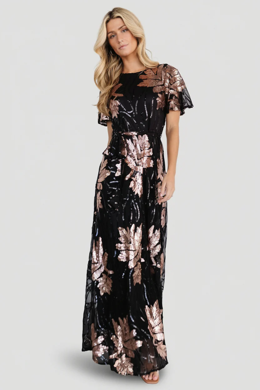 Muse Sequin Maxi Dress | Black + Rose