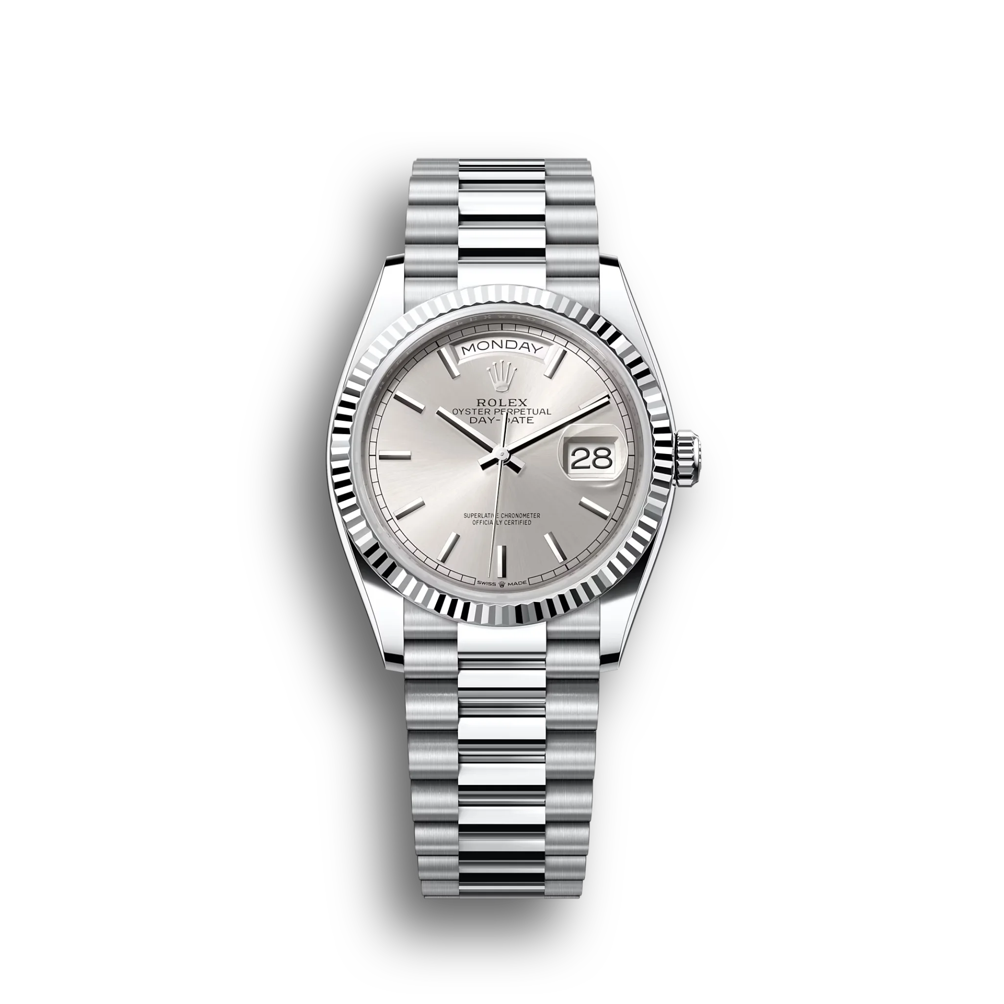 Day-Date: platinum, ice-blue, diamond-set dial, fluted bezel, President bracelet, m128236-0009