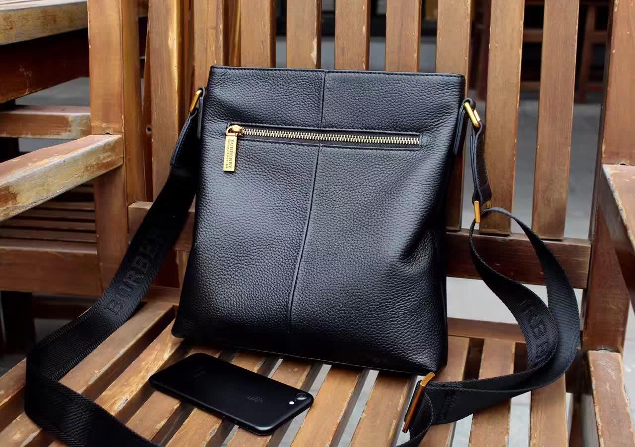 Burrberry 0243-3 Men Leather Messenger Bag Black