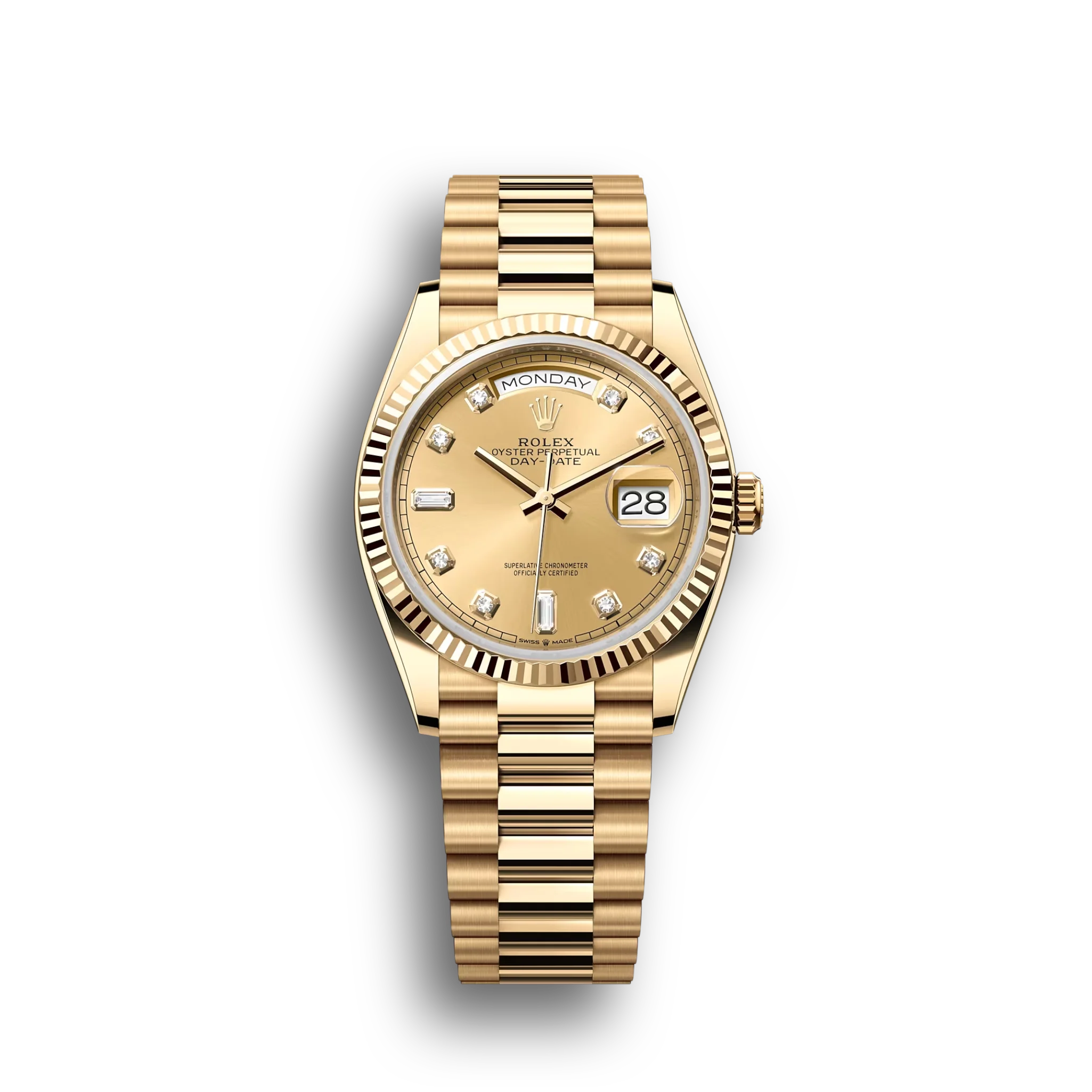 Day-Date: Yellow gold, champagne-colour, diamond-set dial, President bracelet, m128238-0008