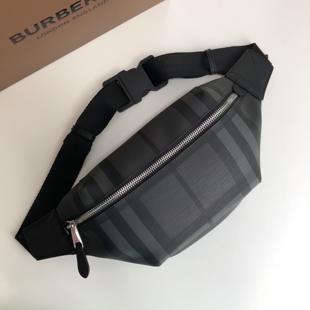Burberry Men Medium London Check and Leather Bum Bag Dark Charcoal